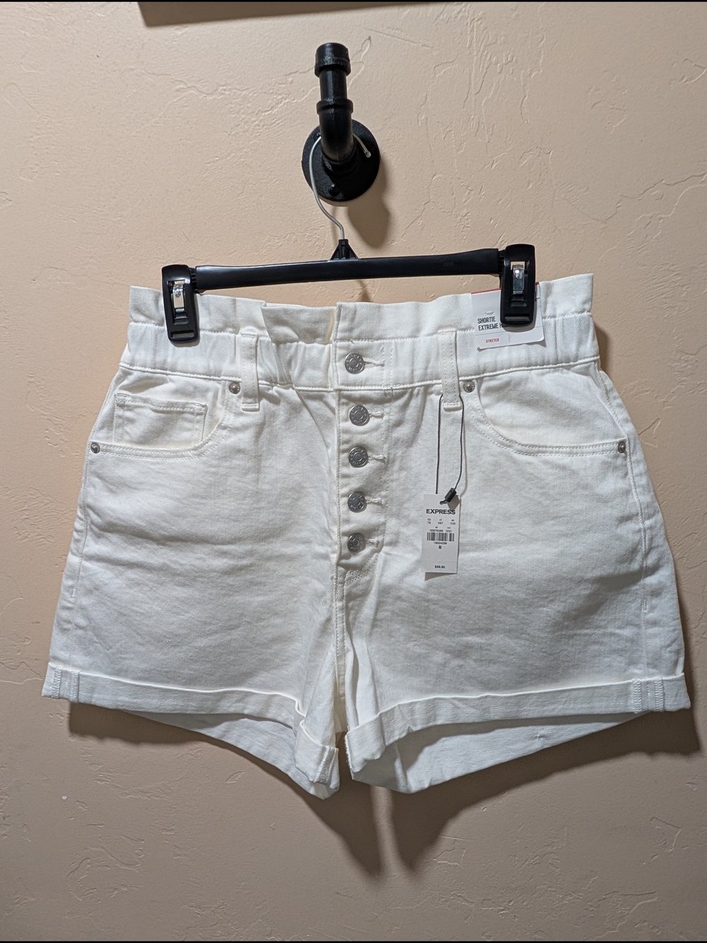 NWT Woman's Express High-Rise Button-Front White Denim Shortie Shorts Medium
